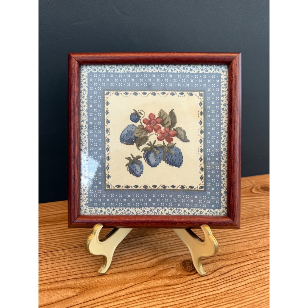 Vintage Framed fabric print Blue Berries Pink Flowers Wood Frame 7x7